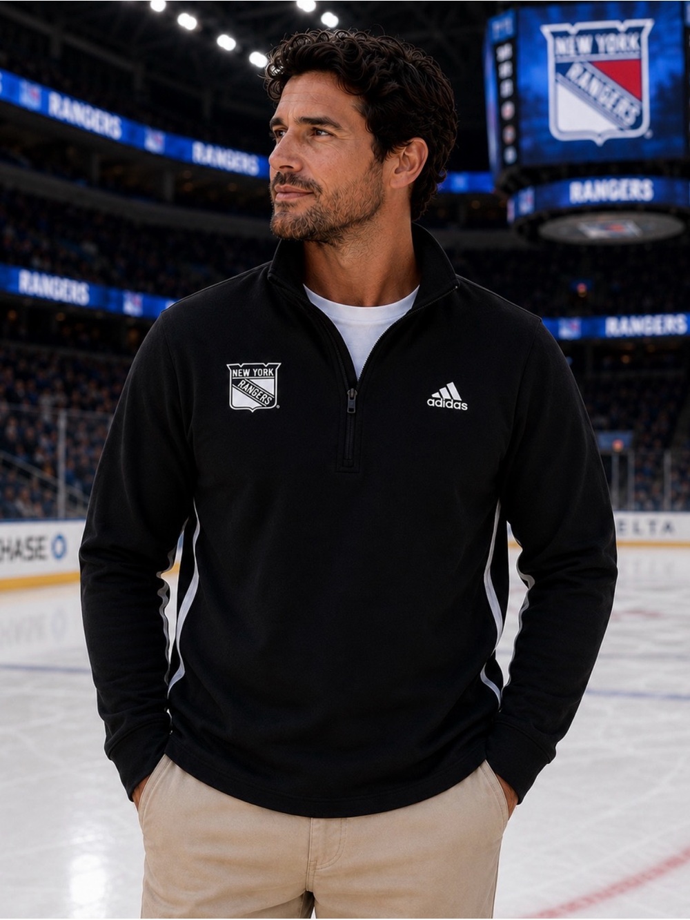 adidas Men's NY Ranger Half-Zip Pullover with White Stripe Accents